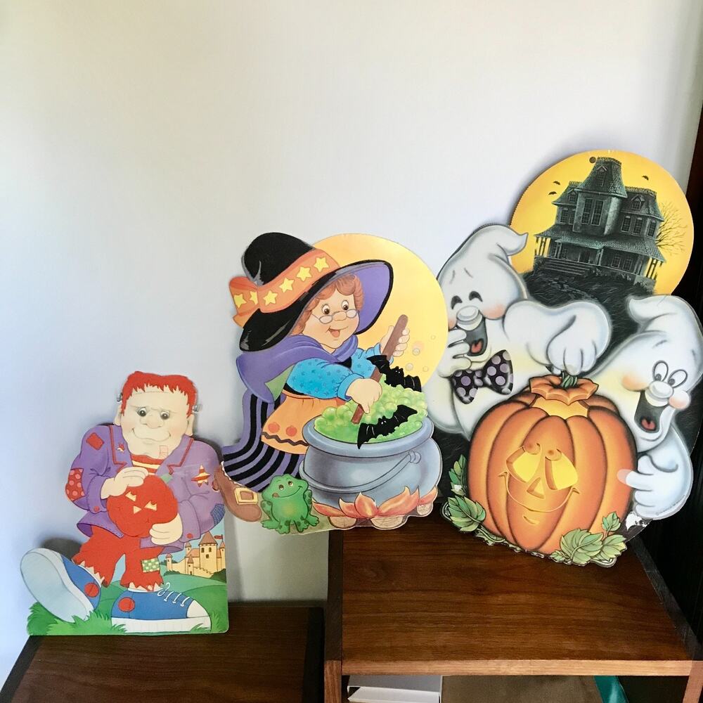 THREE Vintage DieCut 2-sided Halloween Hanging Decorations - ghost witch monster